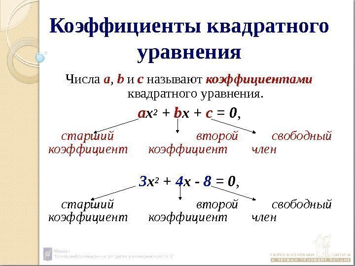 Коэффициенты квадратного уравнения Числа а ,  b  и с называют коэффициентами квадратного