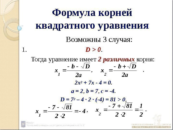 Формула корней квадратного уравнения Возможны 3 случая: 1.   D  0. 