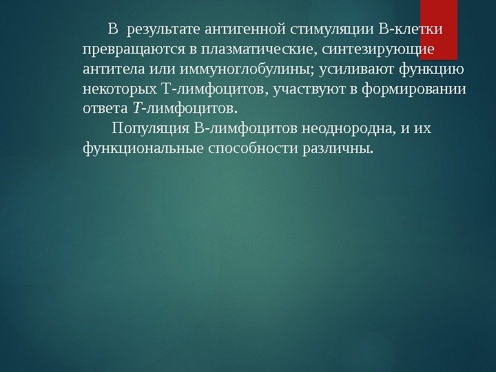   В результате антигенной стимуляции В-клетки превращаются в плазматические, синтезирующие антитела или иммуноглобулины;