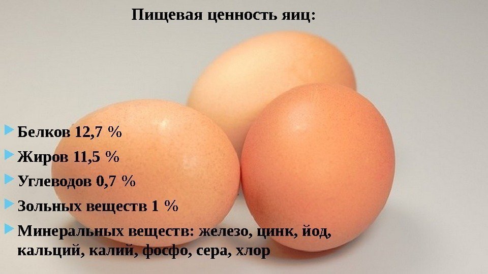 Пищевая ценность яиц:  Белков 12, 7  Жиров 11, 5  Углеводов 0,