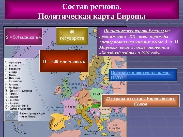   Состав региона. Политическая карта Европы 40 государств 21 страна в составе Европейского