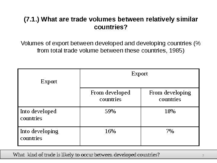 (7. 1. ) What are trade volumes between relatively similar countries? Volumes of export