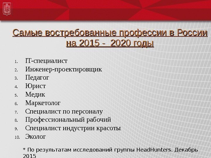 Самые востребованные профессии в России на 2015 - 2020 годы 1. IT-специалист 2. Инженер-проектировщик