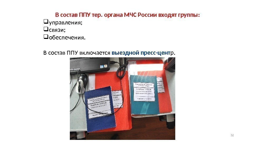 В состав ППУ тер. органа МЧС России входят группы:  управления;  связи; 