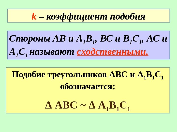 k – коэффициент подобия Подобие треугольников АВС и А 1 В 1 С 1