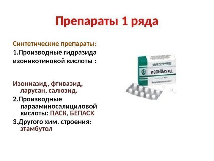 Препараты 1 ряда Синтетические препараты: 1. Производные гидразида изоникотиновой кислоты :   