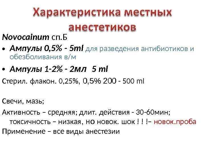 Novocainum  сп. Б • Ампулы 0, 5 - 5 ml для разведения антибиотиков