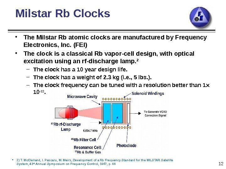Milstar Rb Clocks 12 • The Milstar Rb atomic clocks are manufactured by Frequency