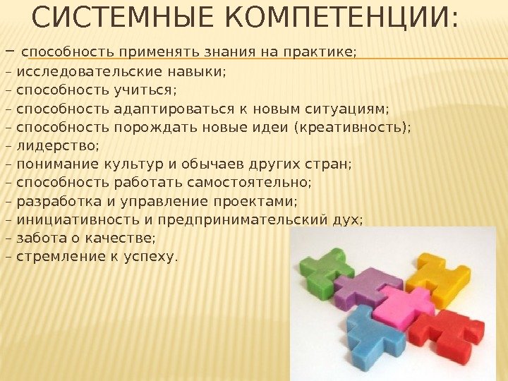 СИСТЕМНЫЕ КОМПЕТЕНЦИИ:  – способность применять знания на практике; – исследовательские навыки; – способность