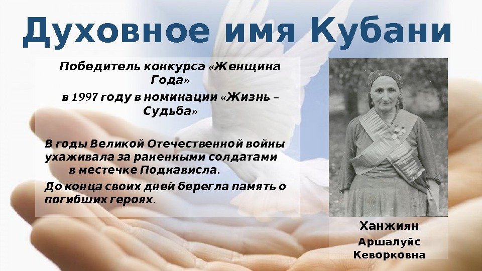 Духовное имя Кубани « Победитель конкурса Женщина » Года 1997  « – в