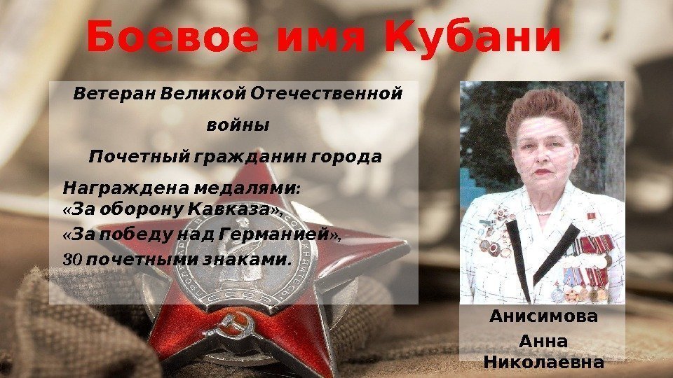 Боевое имя Кубани Ветеран Великой Отечественной войны  Почетный гражданин города  : Награждена