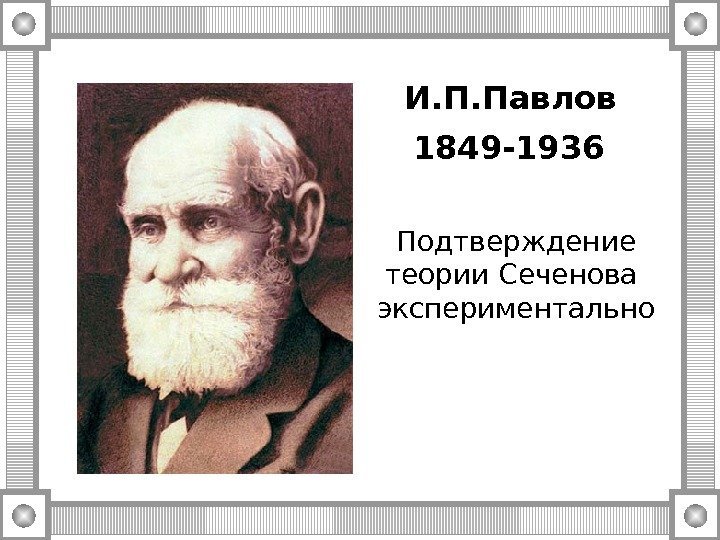 И. П. Павлов 1849 -1936  Подтверждение теории Сеченова  экспериментально 