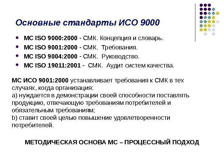 Основные стандарты ИСО 9000 МС ISO 9000: 2000 - СМК. Концепция и словарь. 