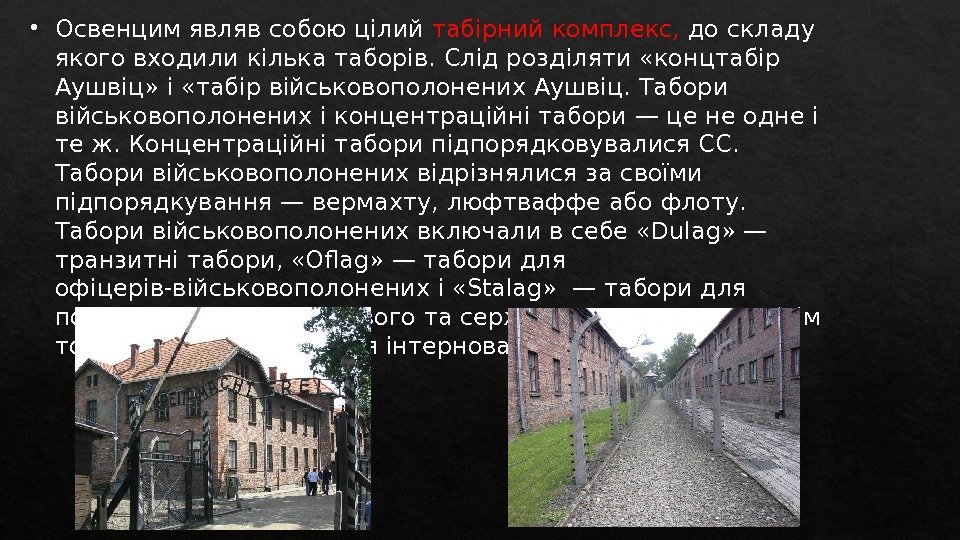  Освенцим являв собою цілий табірний комплекс,  до складу якого входили кілька таборів.
