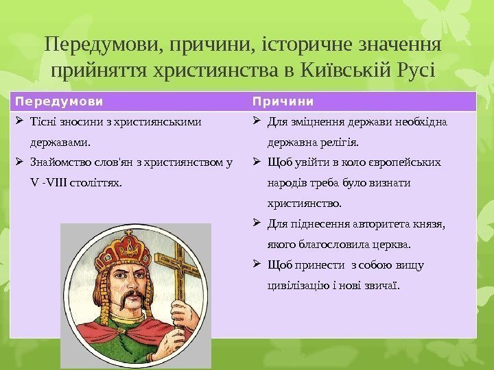 Передумови, причини, історичне значення прийняття християнства в Київській Русі Передумови Причини Тісні зносини з