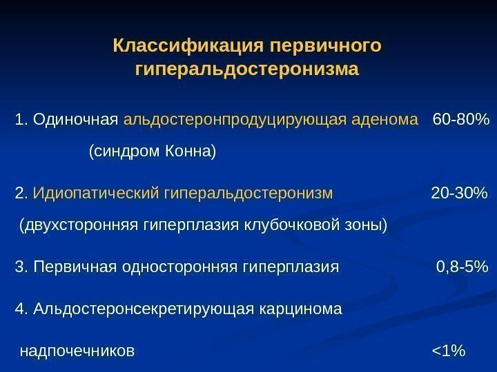   Классификация первичного гиперальдостеронизма 1. Одиночная альдостеронпродуцирующая аденома  60 -80  