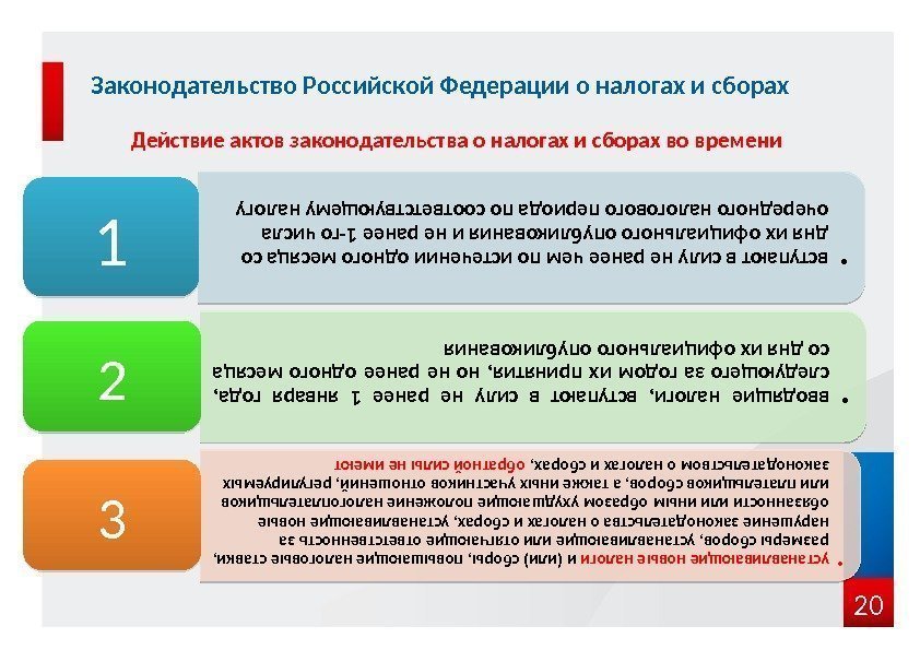 20 Законодательство Российской Федерации о налогах и сборах Действие актов законодательства о налогах и