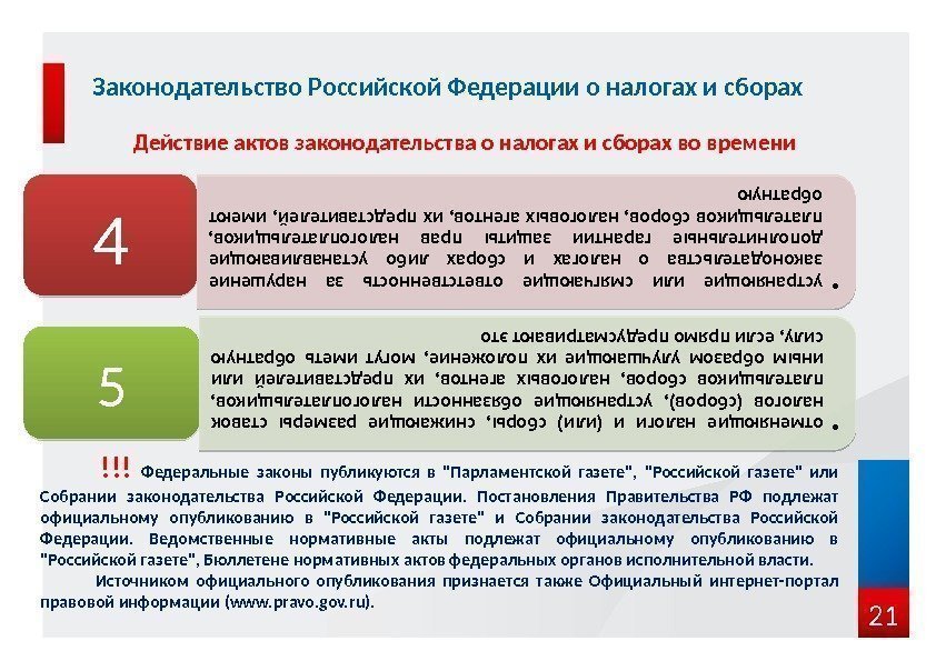 21 Законодательство Российской Федерации о налогах и сборах Действие актов законодательства о налогах и