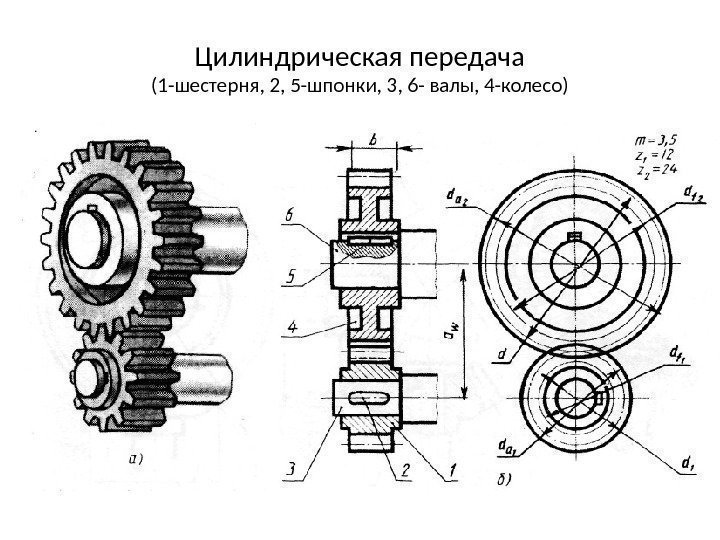 Цилиндрическая передача (1 -шестерня, 2, 5 -шпонки, 3, 6 - валы, 4 -колесо) 