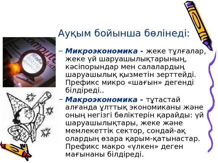 Ауқым бойынша бөлінеді: – Микроэкономика - жеке тұлғалар,  жеке үй шаруашылықтарының,  кәсіпорындар