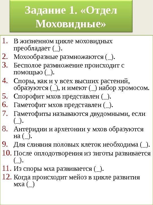 Задание 1.  «Отдел Моховидные» 1. В жизненном цикле моховидных преобладает (_). 2. Мохообразные