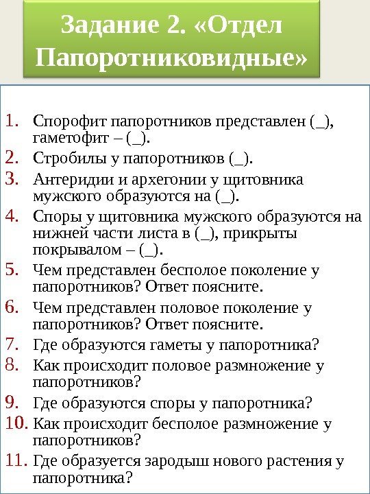 Задание 2.  «Отдел Папоротниковидные» 1. Спорофит папоротников представлен (_),  гаметофит – (_).