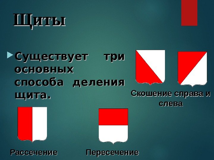 Щиты  Существует три основных способа деления щита.  Рассечение Пересечение Скошение справа и