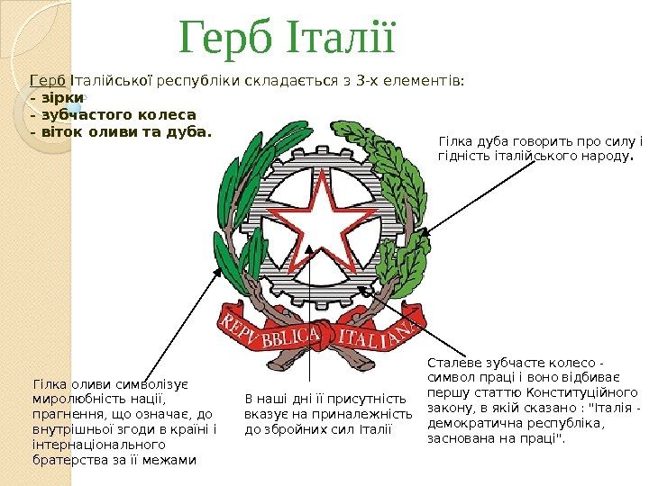 Герб Італії Сталеве зубчасте колесо - символ праці і воно відбиває першу статтю Конституційного