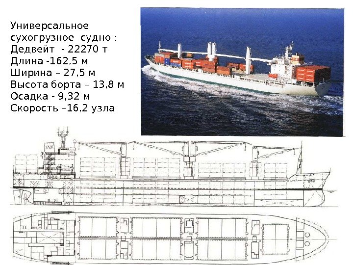 Универсальное сухогрузное судно : Дедвейт - 22270 т Длина -162, 5 м Ширина –