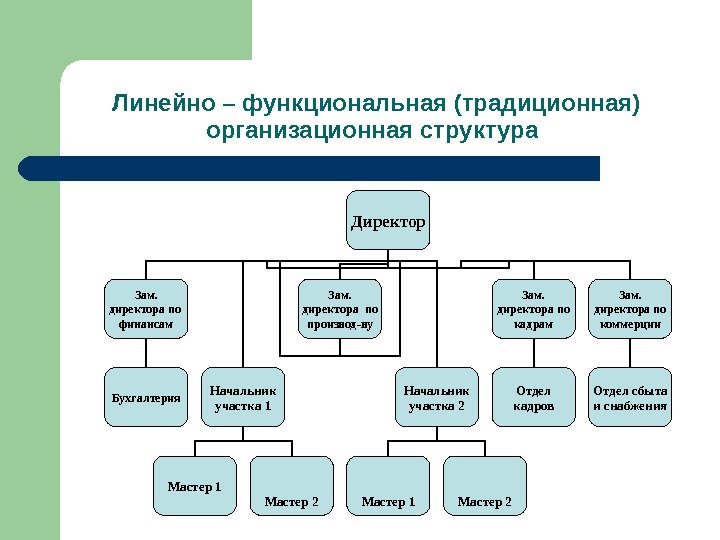  Линейно – функциональная (традиционная) организационная структура Директор Зам.  директора по  финансам