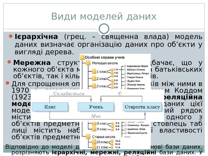 Види моделей даних Ієрархічна (грец.  – священна влада) модель даних визначає організацію даних