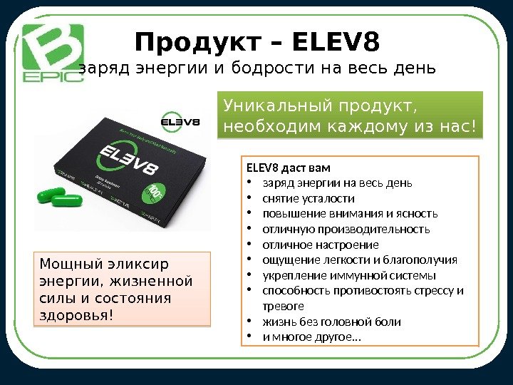 ELEV 8 даст вам • заряд энергии на весь день • снятие усталости •