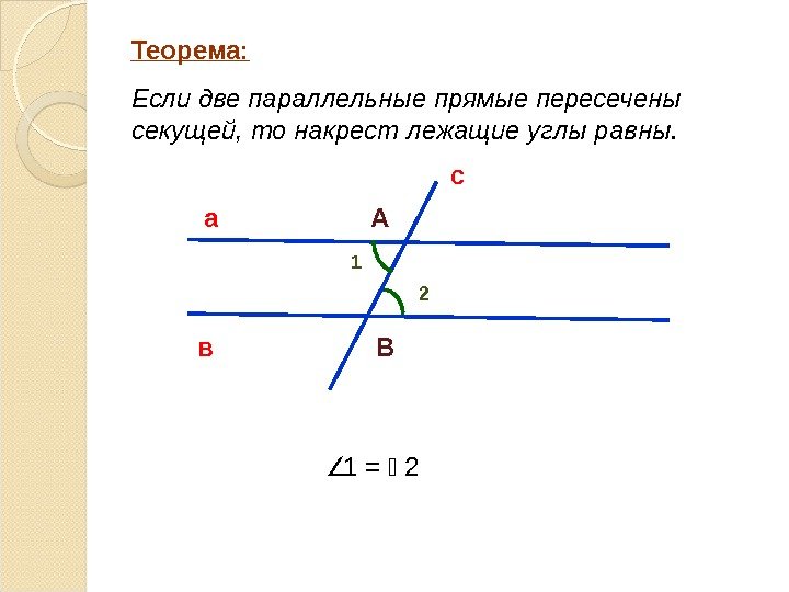 Теорема:  Если две параллельные прямые пересечены секущей, то накрест лежащие углы равны. а