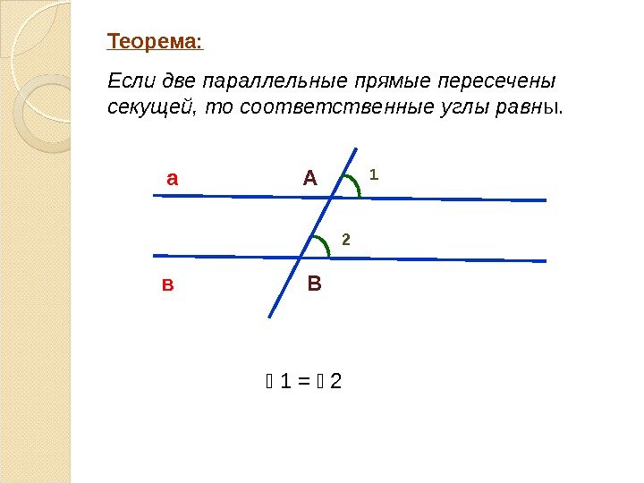 Теорема: Если две параллельные прямые пересечены секущей, то соответственные углы равн ы. а в