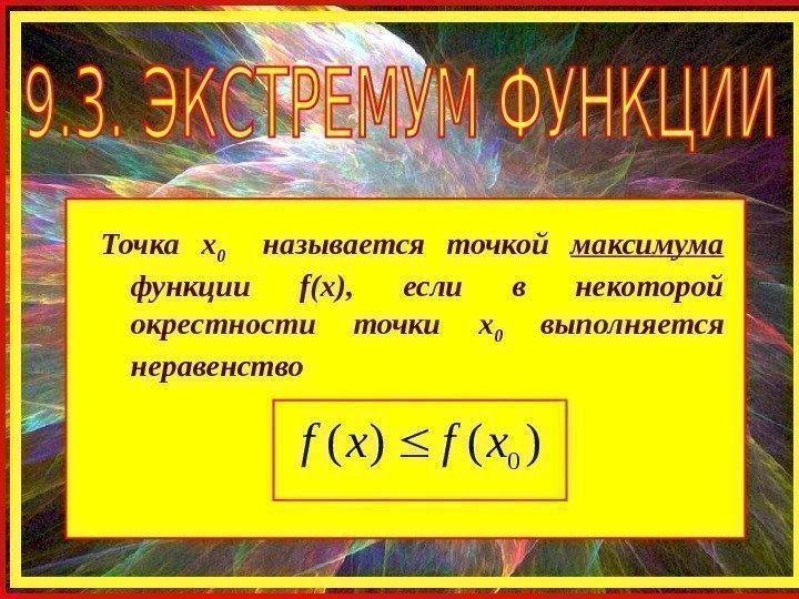 Точка х 0 называется точкой максимума  функции f(x ),  если в некоторой