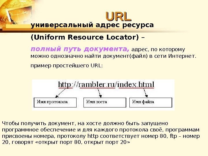 универсальный адрес ресурса ( Uniform Resource Locator ) – полный путь документа,  адрес,