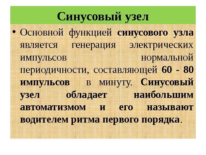 Синусовый узел • Основной функцией синусового узла является генерация электрических импульсов нормальной периодичности, 