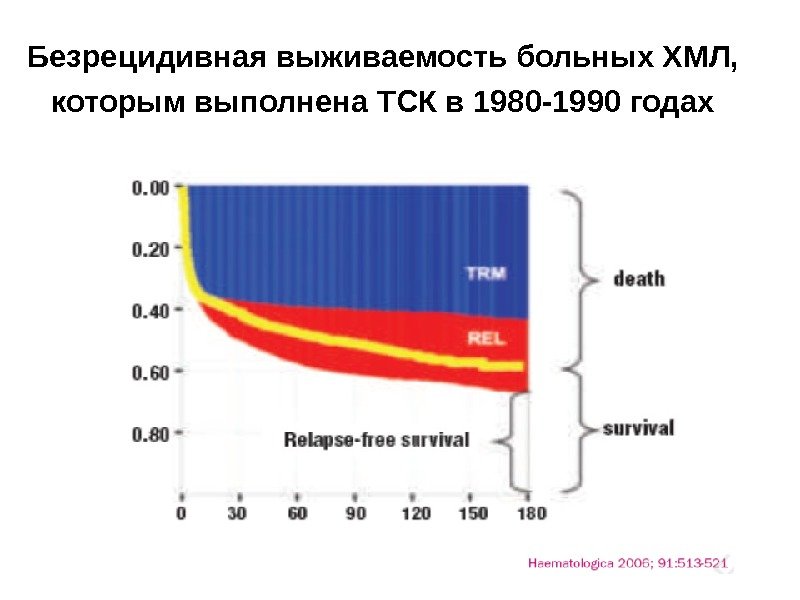 Безрецидивная выживаемость больных ХМЛ,  которым выполнена ТСК в 1980 -1990 годах 