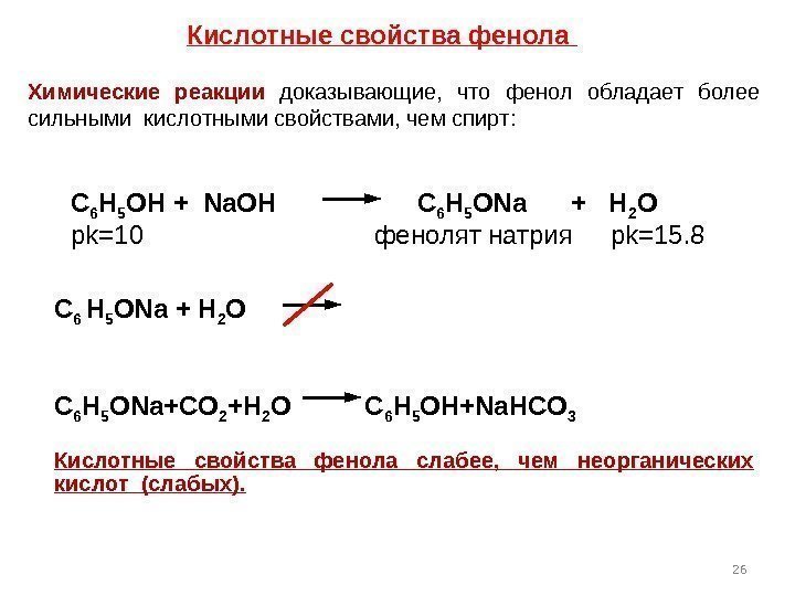 26 Химические реакции доказывающие,  что фенол обладает более сильными кислотными свойствами, чем спирт