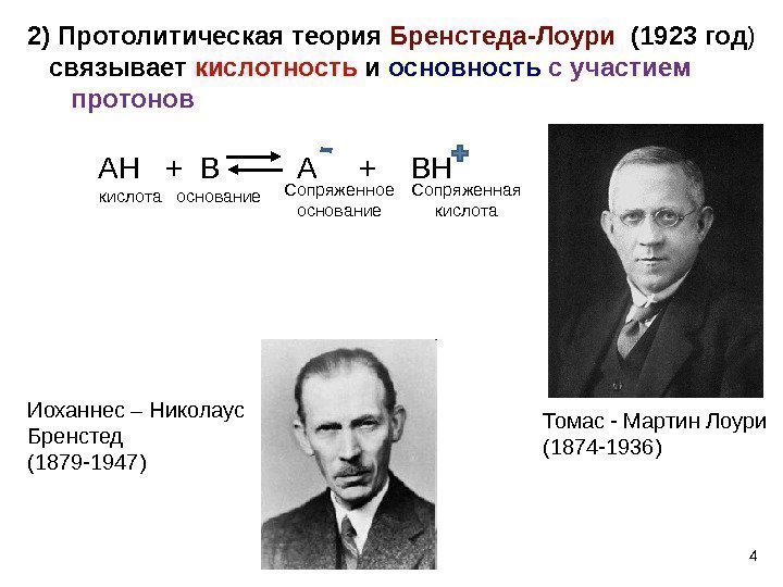4 кислота основание Сопряженное основание Сопряженная кислота 2)  Протолитическая теория Бренстеда-Лоури  (1923