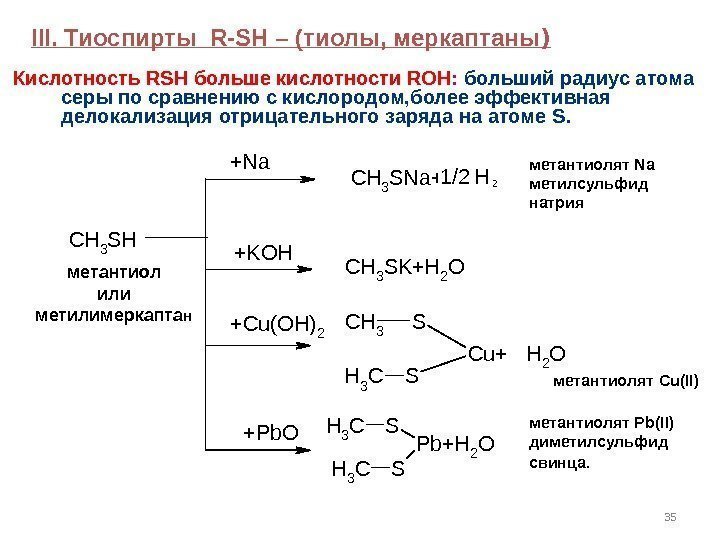 III. Тиоспирты  R - SH – (тиолы, меркаптаны ) C H 3 S