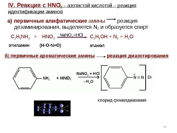 а) первичные алифатические амины   реакция дезаминирования, выделяется N 2 и образуется