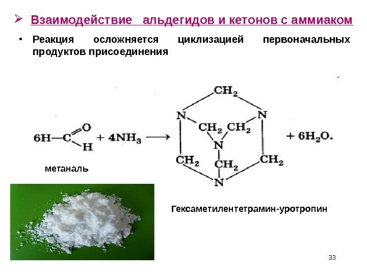   Взаимодействие  альдегидов и кетонов с аммиаком • Реакция осложняется циклизацией первоначальных