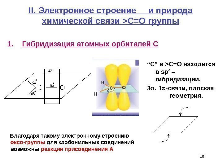 10 II.  Электронное строение и природа химической связи C=O группы 1. Гибридизация атомных