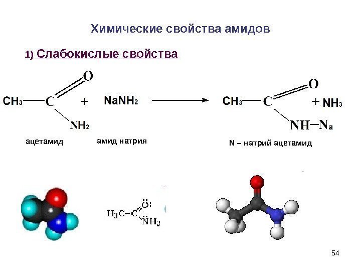 54 Химические свойства амидов 1)  Слабокислые свойства амид натрия ацетамид N – натрий