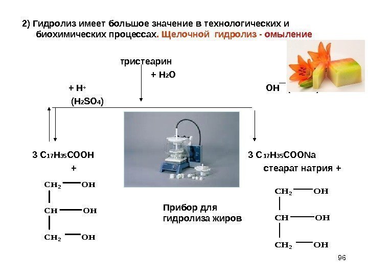 962) Гидролиз имеет большое значение в технологических и биохимических процессах. Щелочной гидролиз - омыление