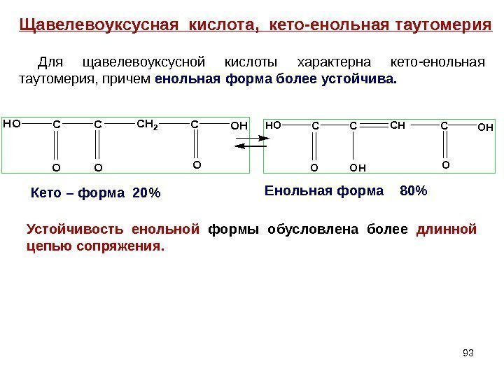 93 Для щавелевоуксусной кислоты характерна кето-енольная таутомерия, причем енольная форма более устойчива. HOC O