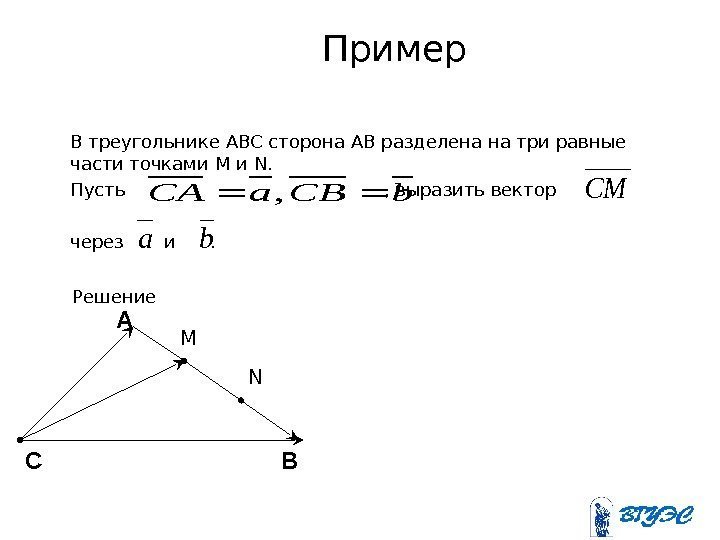   Пример В треугольнике ABC сторона AB разделена на три равные части точками