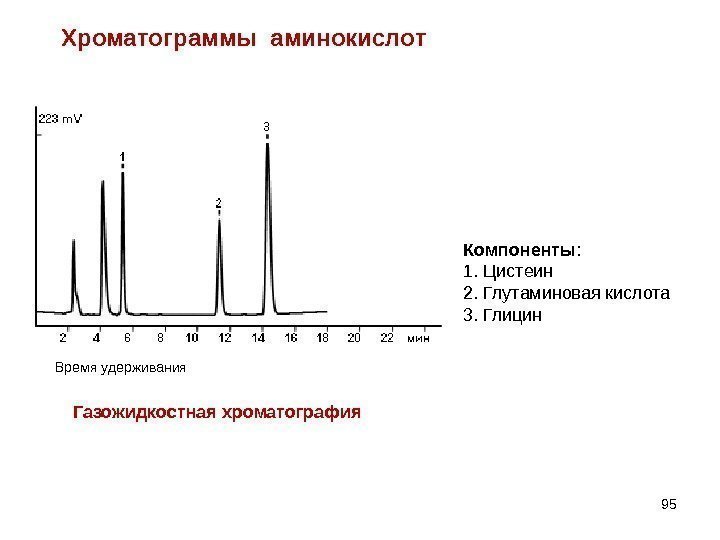 95 Компоненты : 1. Цистеин 2. Глутаминовая кислота 3. Глицин Хроматограммы аминокислот Газожидкостная хроматография.