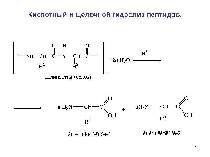 70 Кислотный и щелочной гидролиз пептидов. N H C R 1 O N H